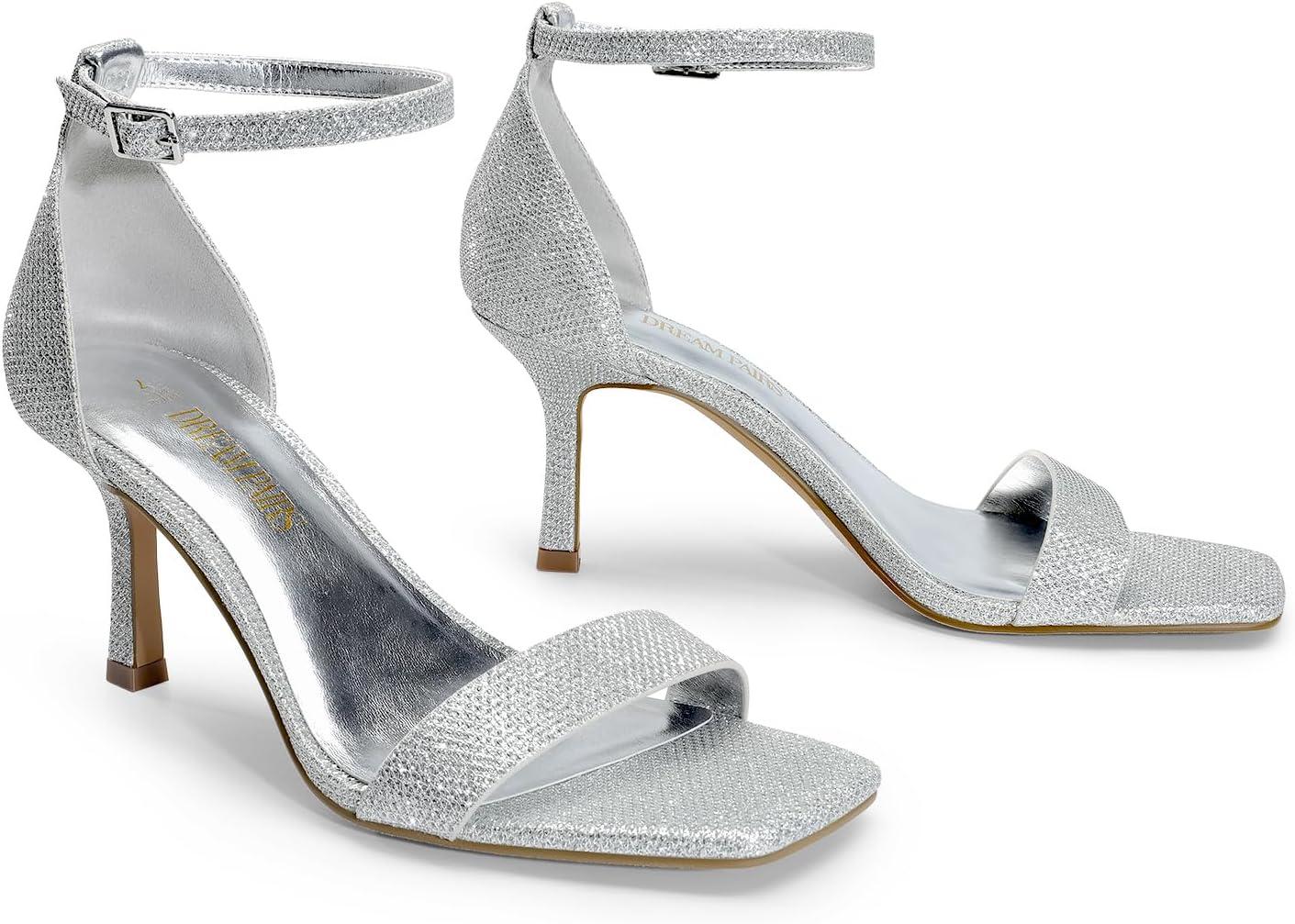 imageDREAM PAIRS Womens High Stilettos Open Square Toe Ankle Strap Heels Sexy Fashion Comfort Dress Shoes Wedding Bridal Pumps Heeled SandalsSilverglitter