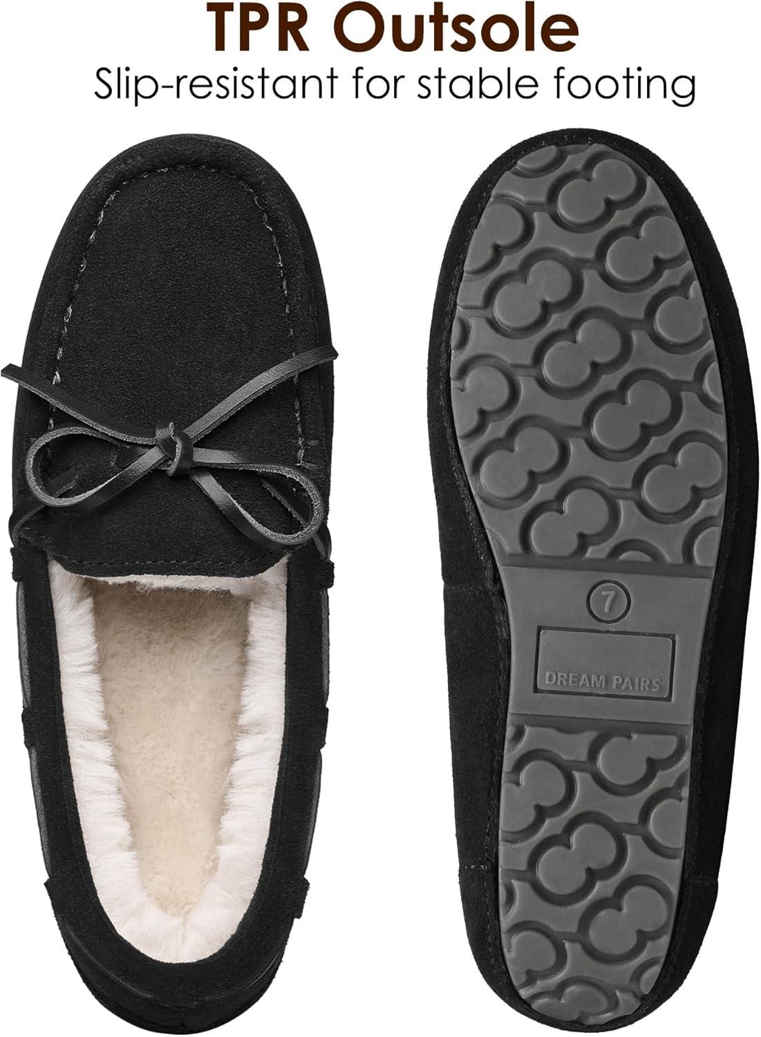 imageDREAM PAIRS Womens House Slippers Indoor Outdoor Moccasin Fuzzy Fluffy Furry Loafers Suede Leather Warm ShoesBlack