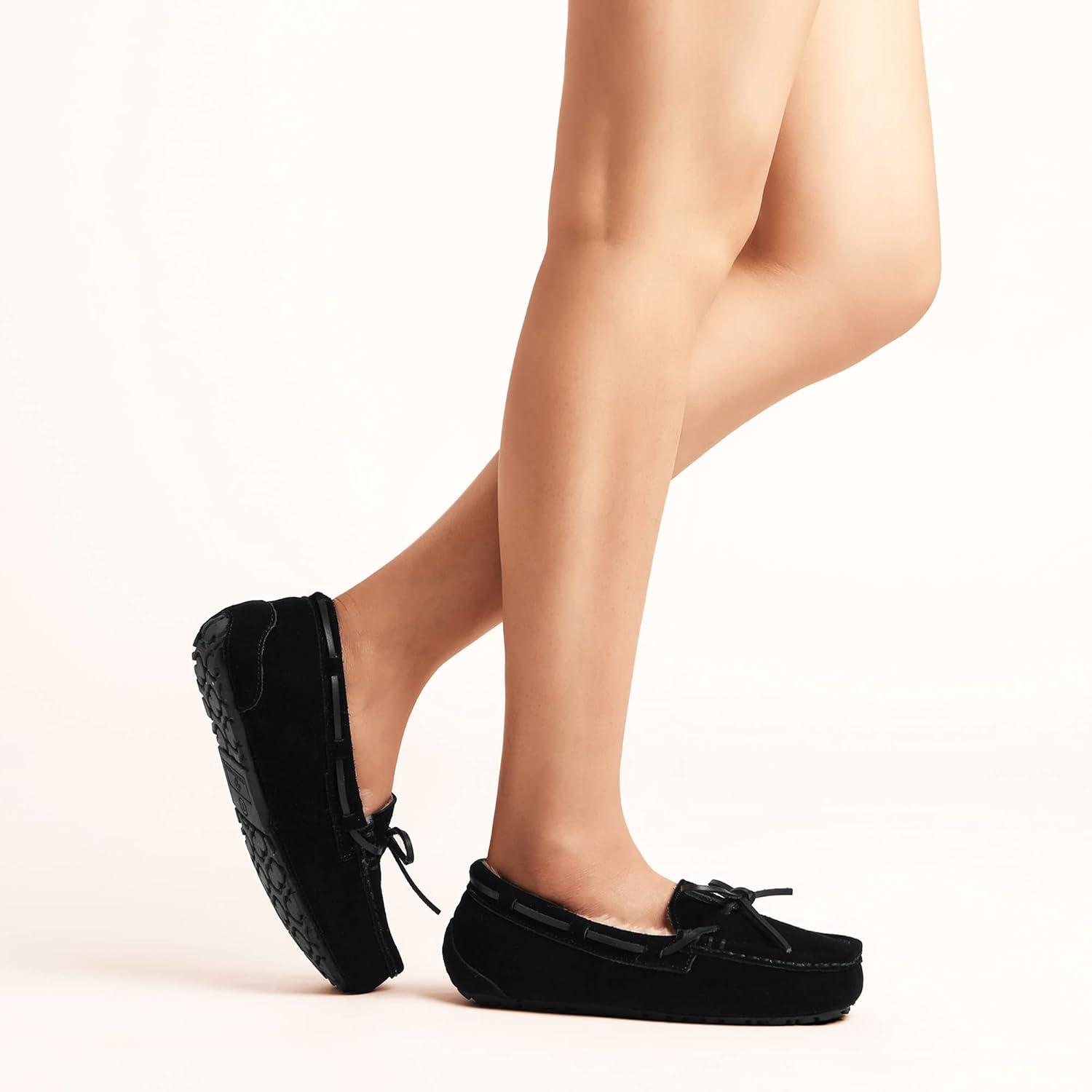 imageDREAM PAIRS Womens House Slippers Indoor Outdoor Moccasin Fuzzy Fluffy Furry Loafers Suede Leather Warm ShoesBlack