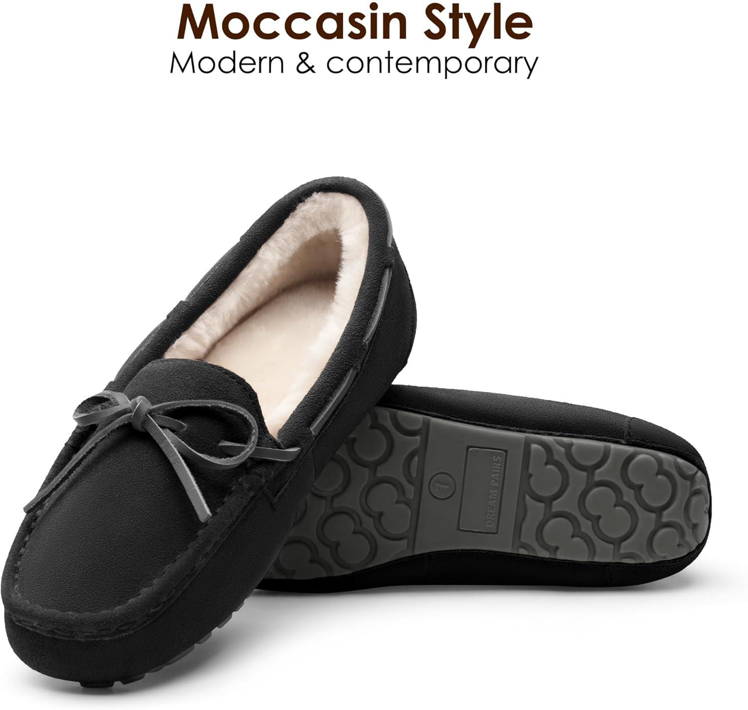 imageDREAM PAIRS Womens House Slippers Indoor Outdoor Moccasin Fuzzy Fluffy Furry Loafers Suede Leather Warm ShoesBlack