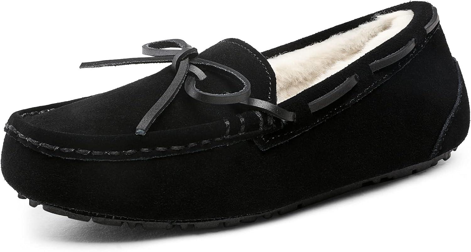 imageDREAM PAIRS Womens House Slippers Indoor Outdoor Moccasin Fuzzy Fluffy Furry Loafers Suede Leather Warm ShoesBlack