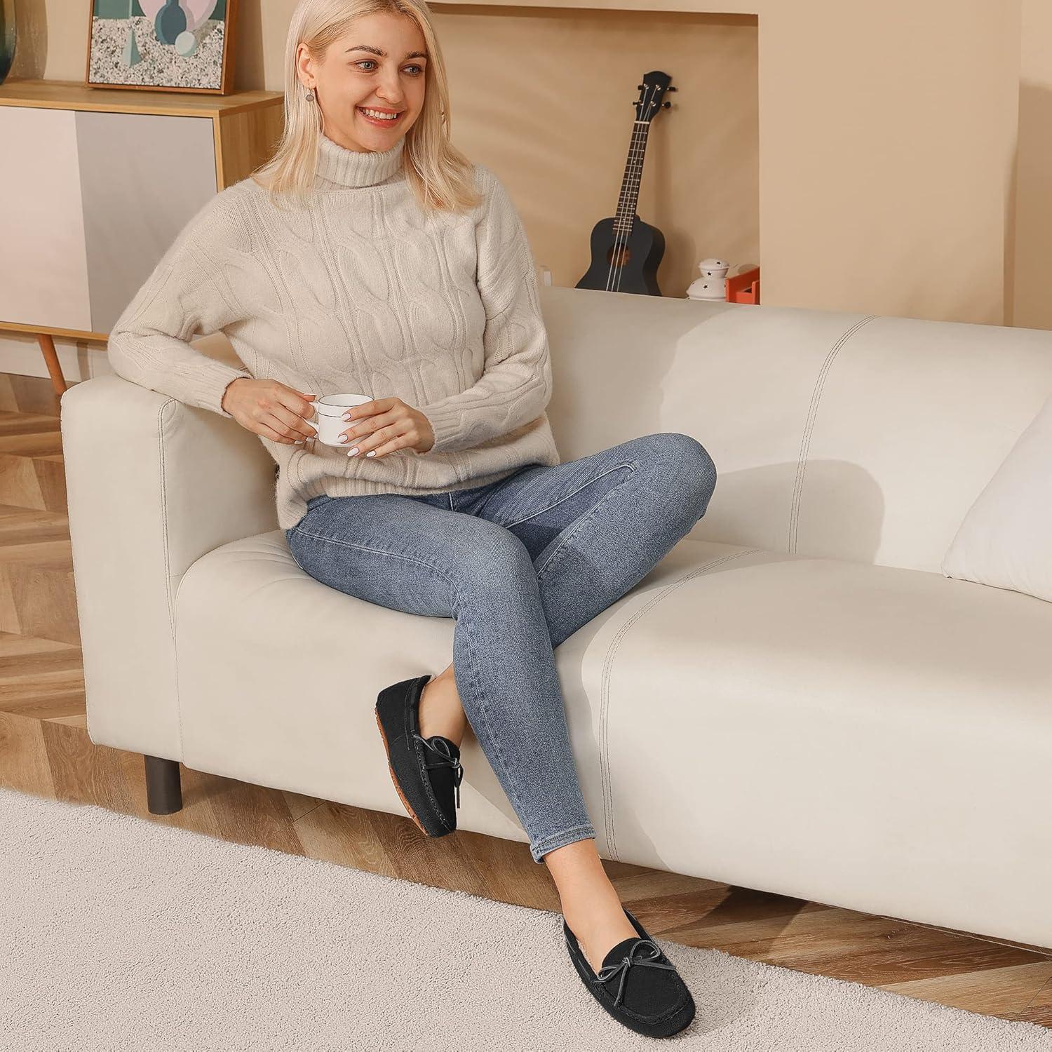 imageDREAM PAIRS Womens House Slippers Indoor Outdoor Moccasin Fuzzy Fluffy Furry Loafers Suede Leather Warm ShoesBlack