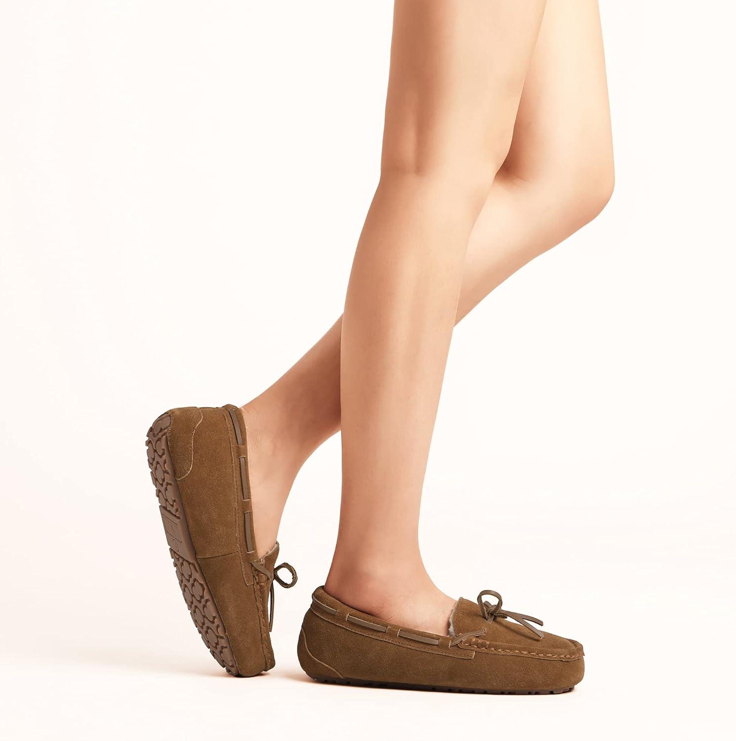 imageDREAM PAIRS Womens House Slippers Indoor Outdoor Moccasin Fuzzy Fluffy Furry Loafers Suede Leather Warm ShoesChesnut