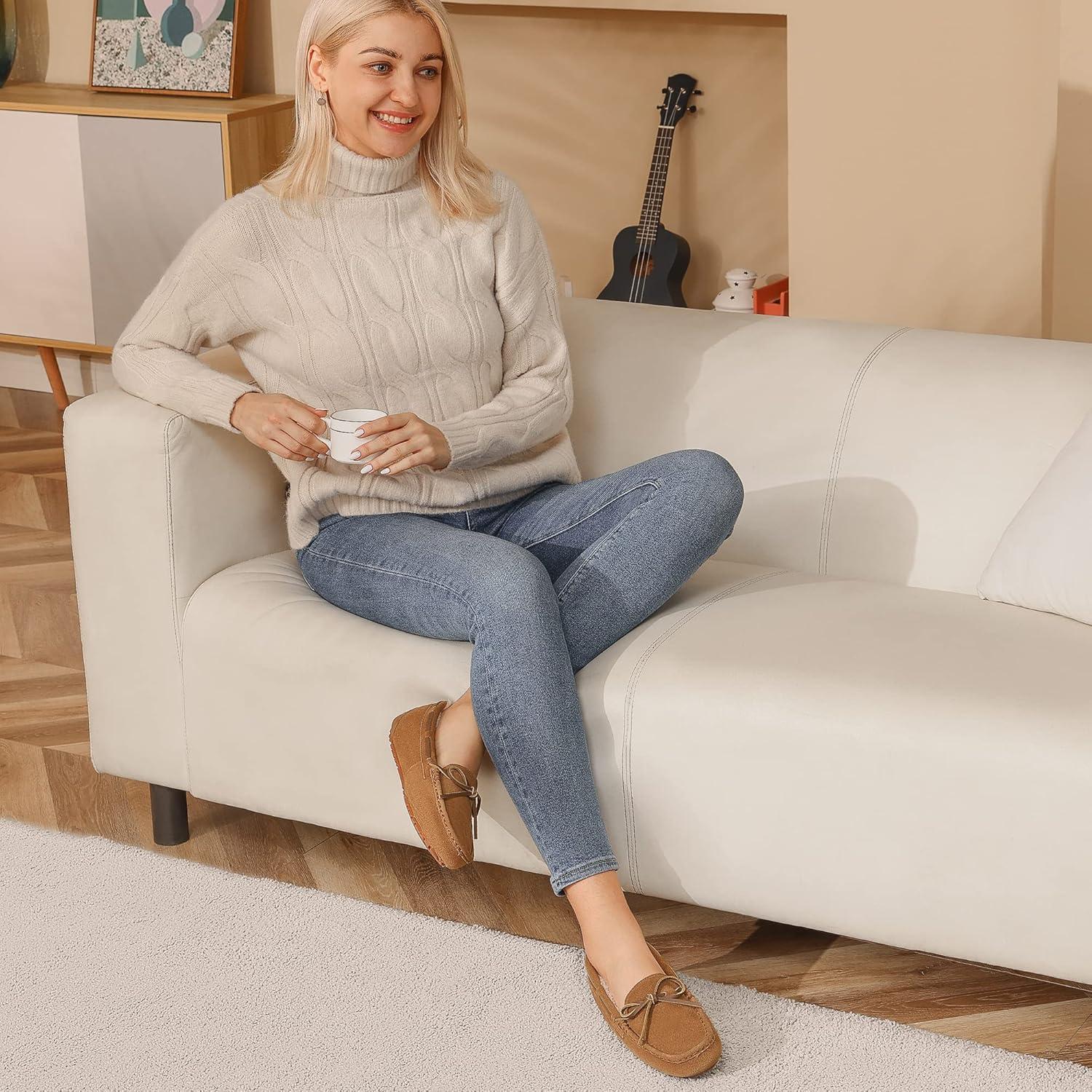 imageDREAM PAIRS Womens House Slippers Indoor Outdoor Moccasin Fuzzy Fluffy Furry Loafers Suede Leather Warm ShoesChesnut