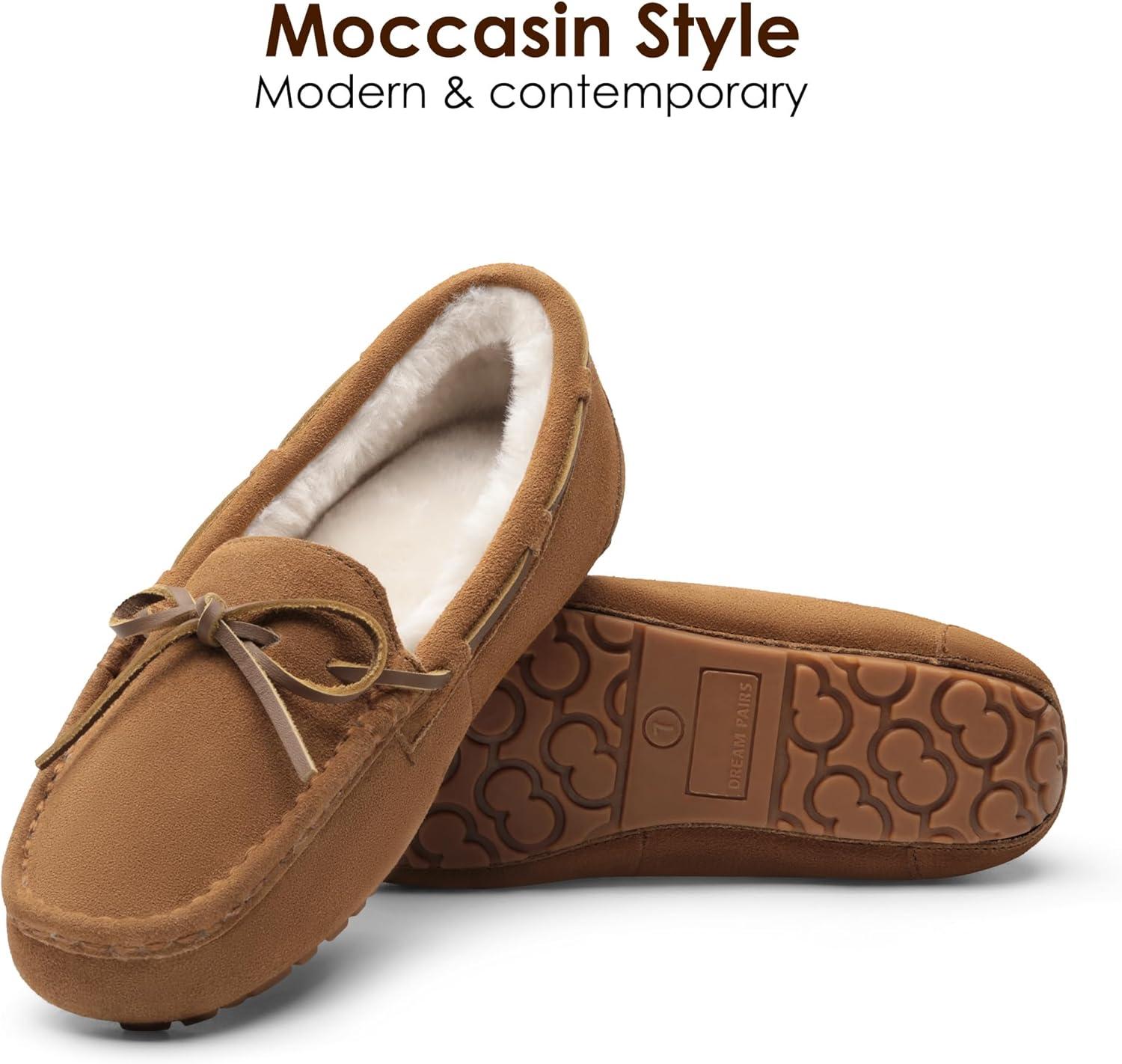 imageDREAM PAIRS Womens House Slippers Indoor Outdoor Moccasin Fuzzy Fluffy Furry Loafers Suede Leather Warm ShoesChesnut