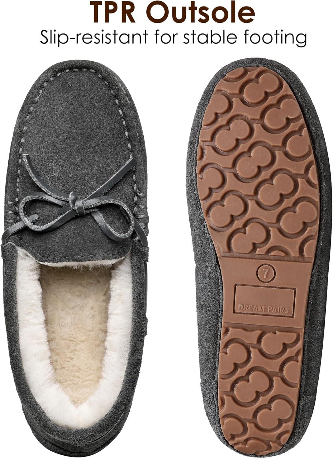 imageDREAM PAIRS Womens House Slippers Indoor Outdoor Moccasin Fuzzy Fluffy Furry Loafers Suede Leather Warm ShoesGrey