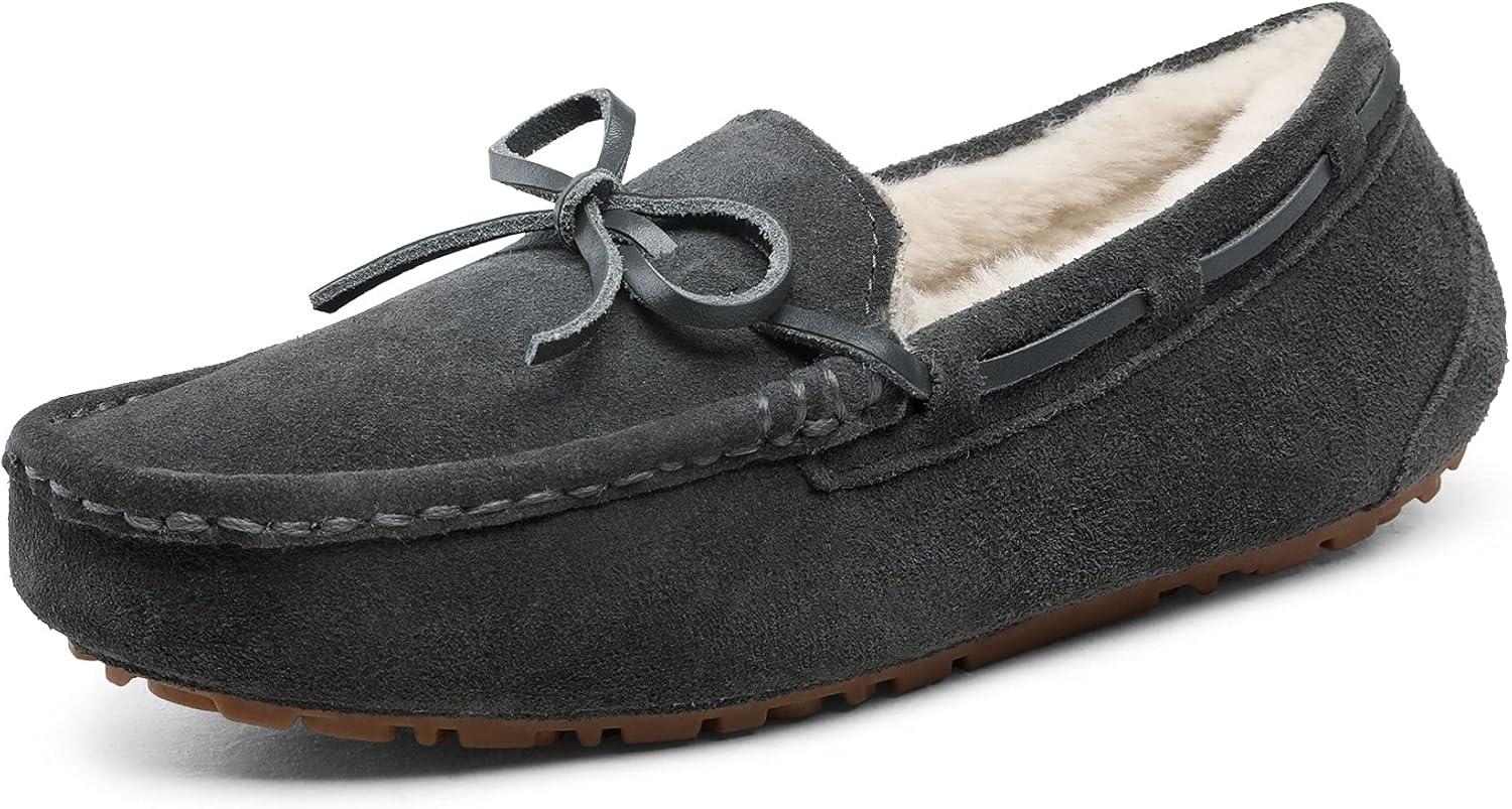 imageDREAM PAIRS Womens House Slippers Indoor Outdoor Moccasin Fuzzy Fluffy Furry Loafers Suede Leather Warm ShoesGrey