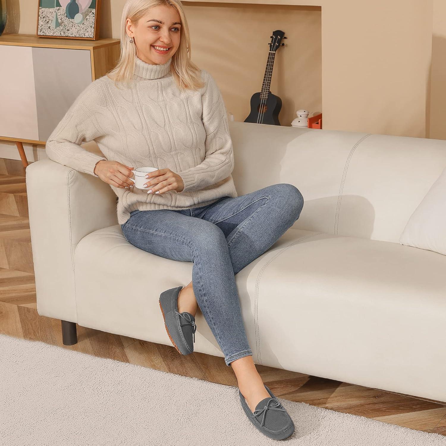 imageDREAM PAIRS Womens House Slippers Indoor Outdoor Moccasin Fuzzy Fluffy Furry Loafers Suede Leather Warm ShoesGrey