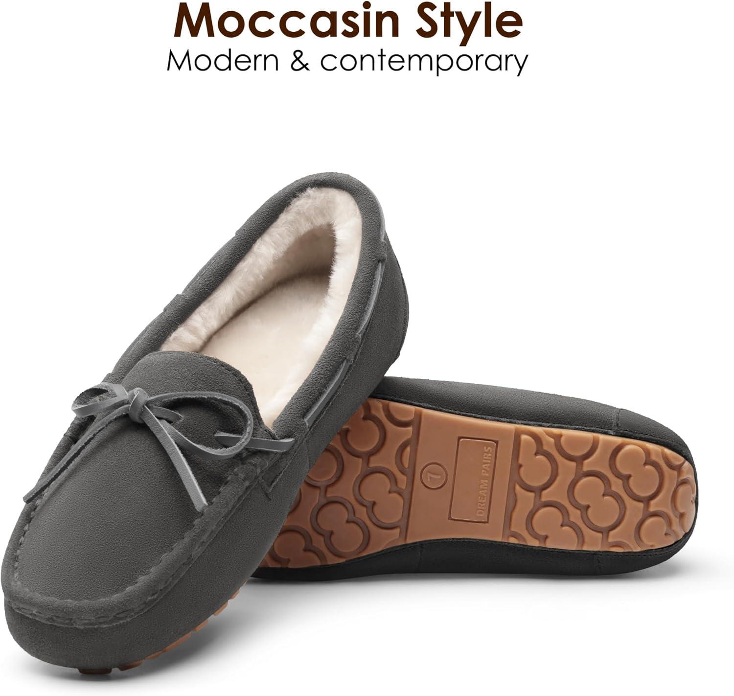 imageDREAM PAIRS Womens House Slippers Indoor Outdoor Moccasin Fuzzy Fluffy Furry Loafers Suede Leather Warm ShoesGrey