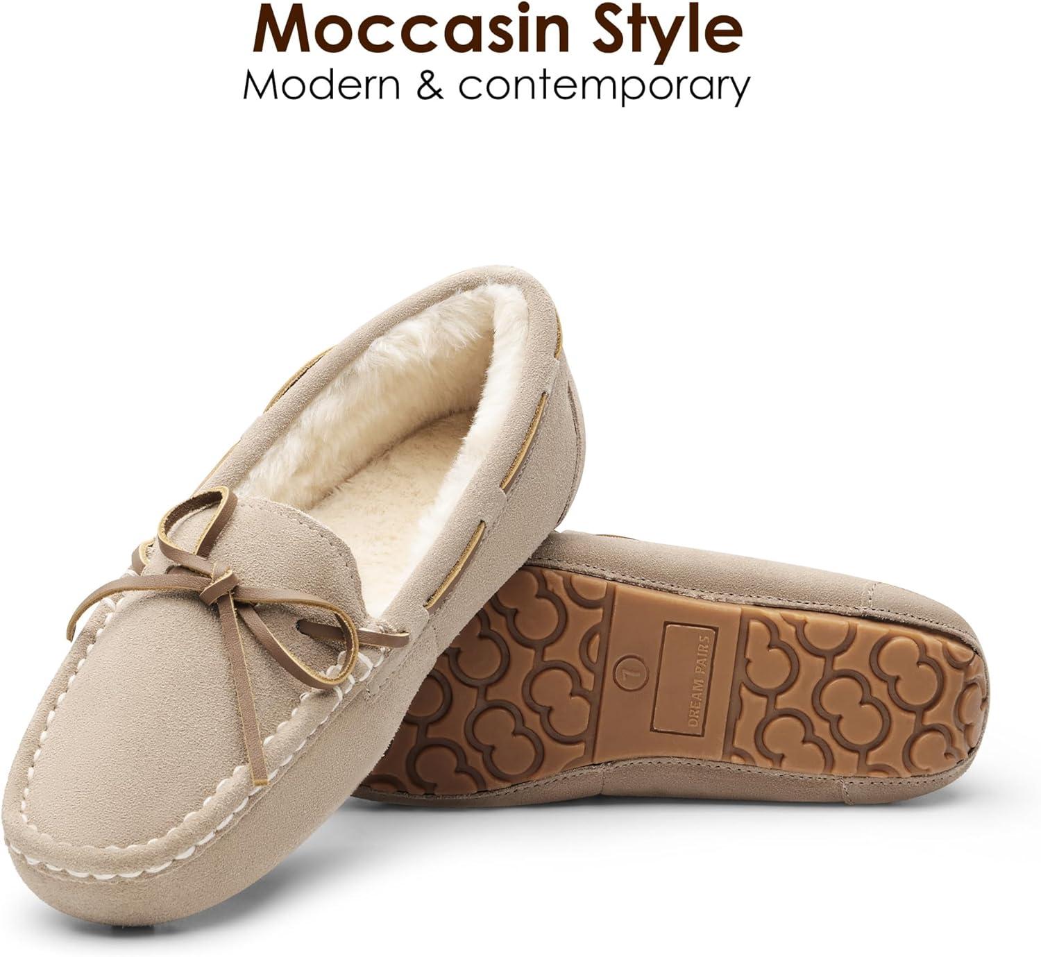 imageDREAM PAIRS Womens House Slippers Indoor Outdoor Moccasin Fuzzy Fluffy Furry Loafers Suede Leather Warm ShoesSand