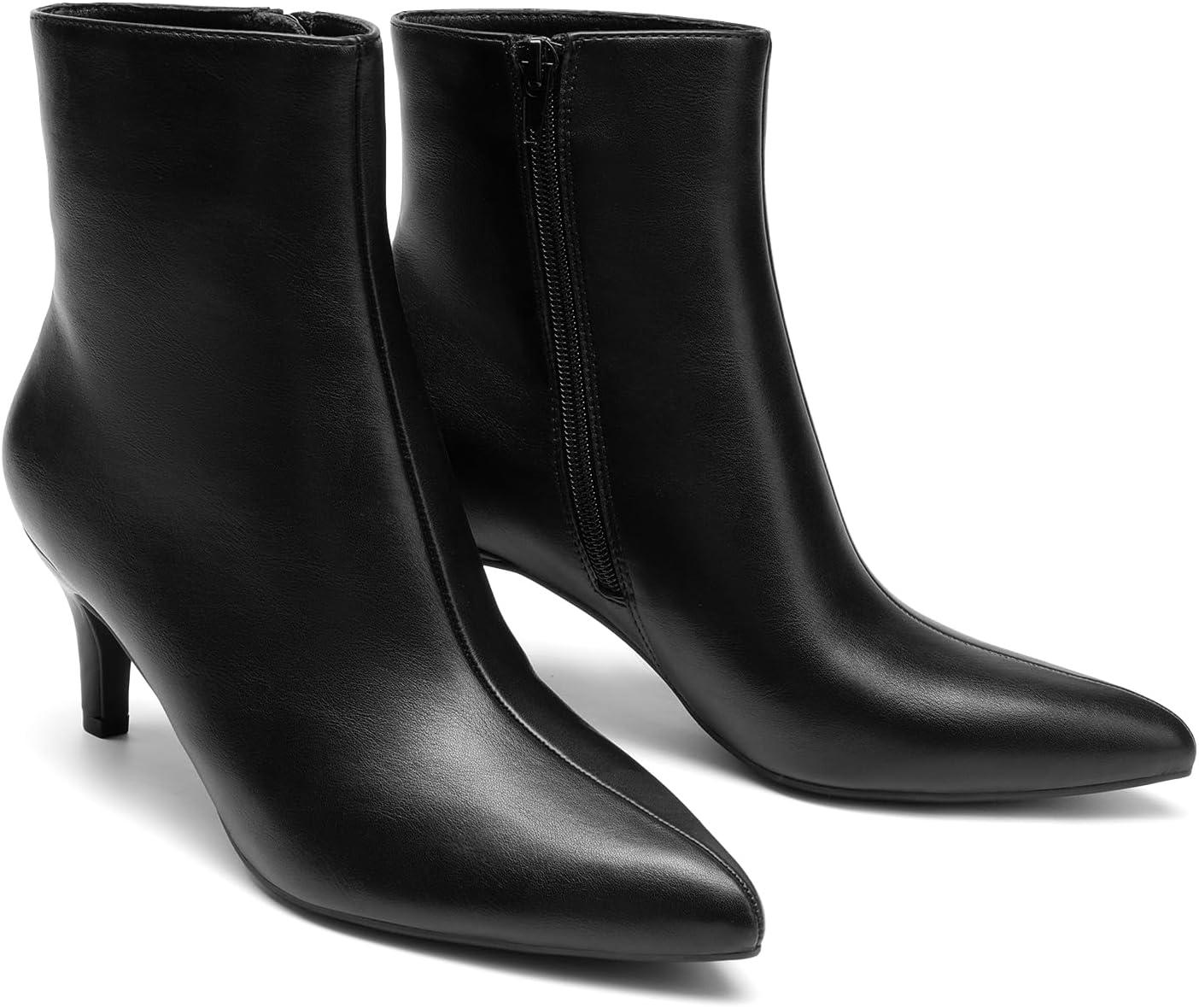 imageDREAM PAIRS Womens Kitten Heel Ankle Boots Pointed Toe Side Zipper Fall Leather Ankle Booties for Office WorkBlackpu