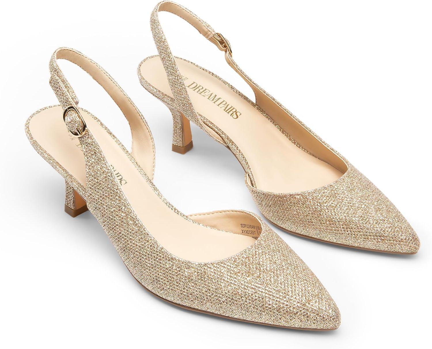 imageDREAM PAIRS Womens Kitten Heel Slingback Pointed Closed Toe Low Stiletto Heels Dress Bridal Elegant Wedding Pumps ShoesGoldglitter