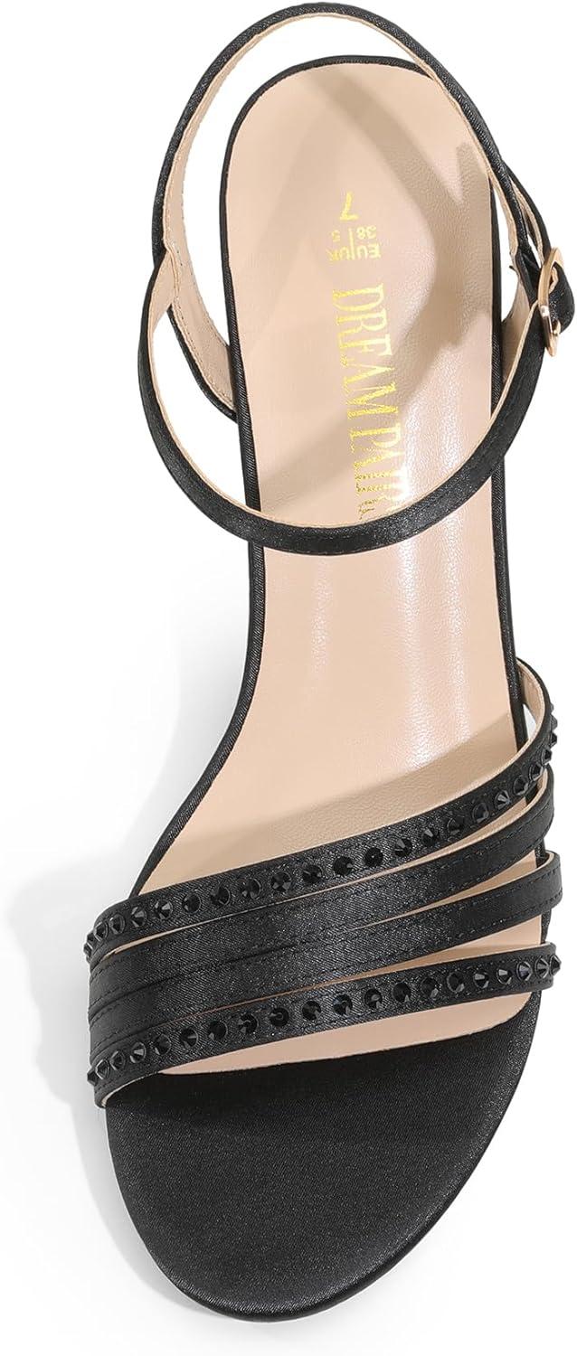 imageDREAM PAIRS Womens Kitten Heels Open Round Toe Comfortable Strappy Heels for Dressy Wedding Party Evening SandalsBlacksatin