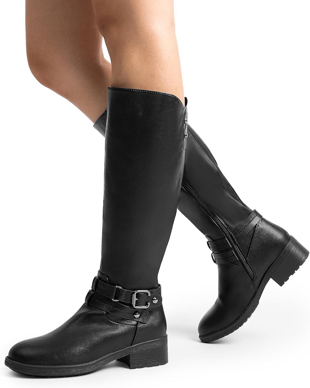 imageDREAM PAIRS Womens Knee High Boots Buckle Riding BootsBlacku