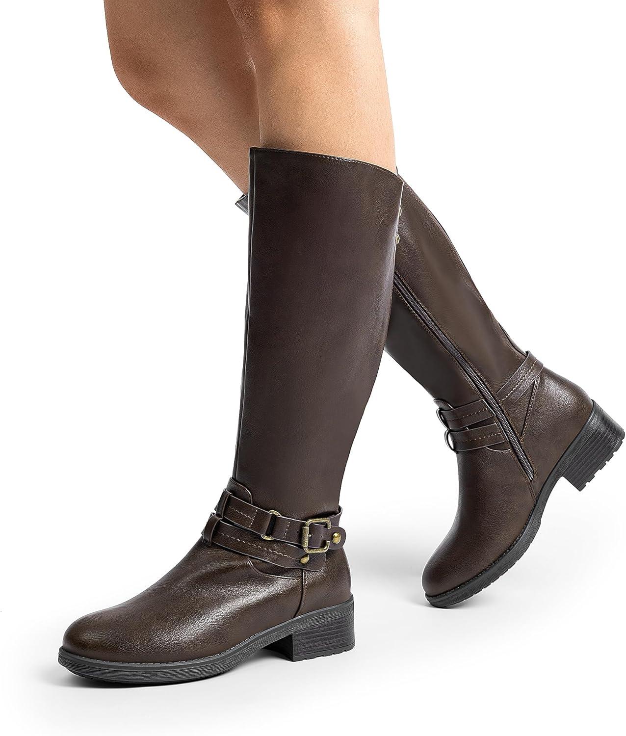 imageDREAM PAIRS Womens Knee High Boots Buckle Riding BootsBrown