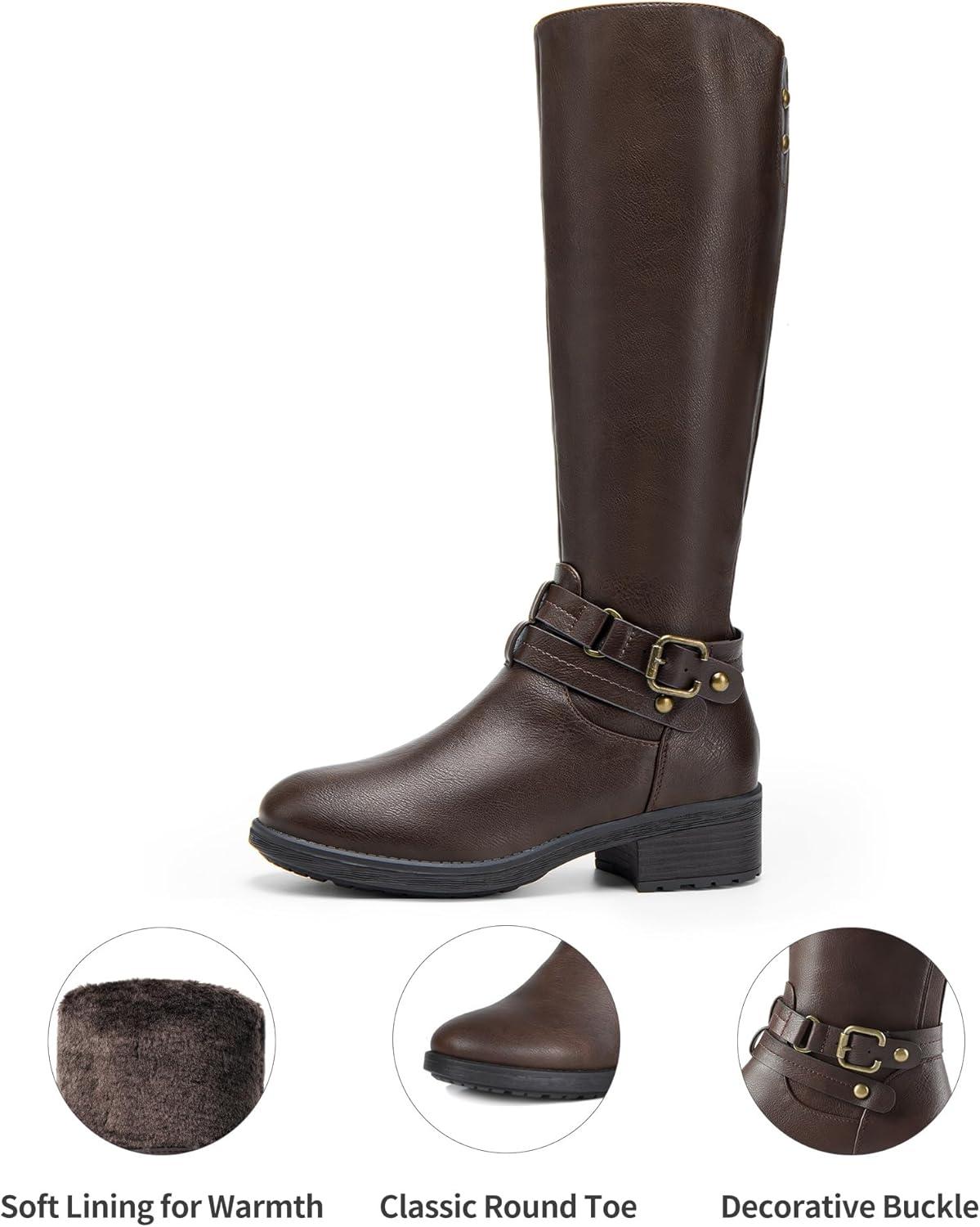 imageDREAM PAIRS Womens Knee High Boots Buckle Riding BootsBrown