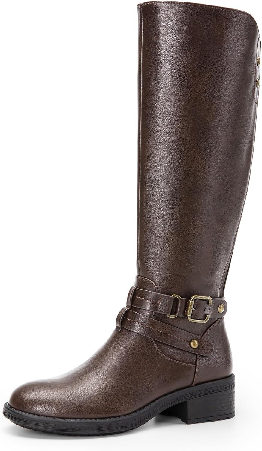 imageDREAM PAIRS Womens Knee High Boots Buckle Riding BootsBrown1