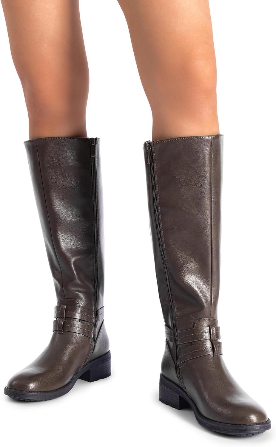 imageDREAM PAIRS Womens Knee High Boots Buckle Riding BootsBrown1