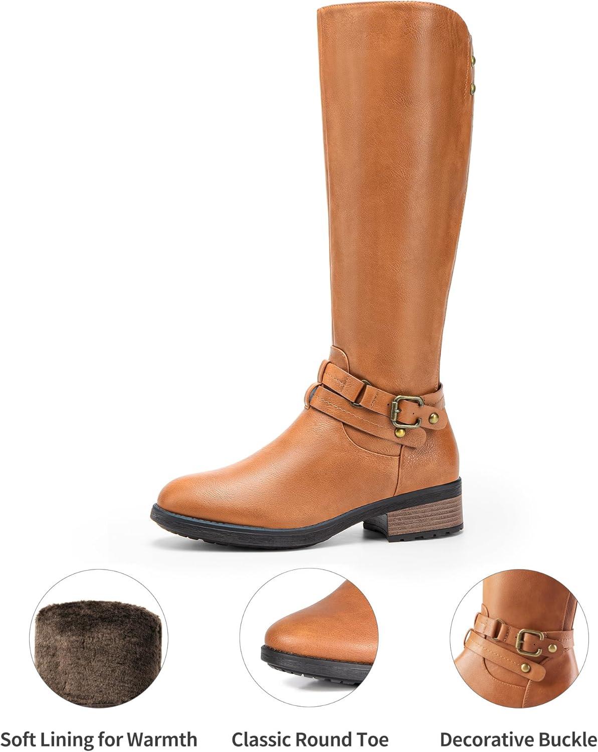 imageDREAM PAIRS Womens Knee High Boots Buckle Riding BootsCamelu