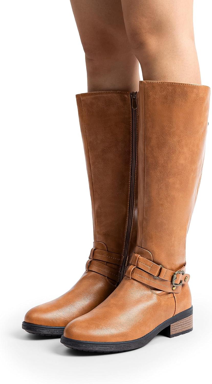 imageDREAM PAIRS Womens Knee High Boots Buckle Riding BootsCamelu