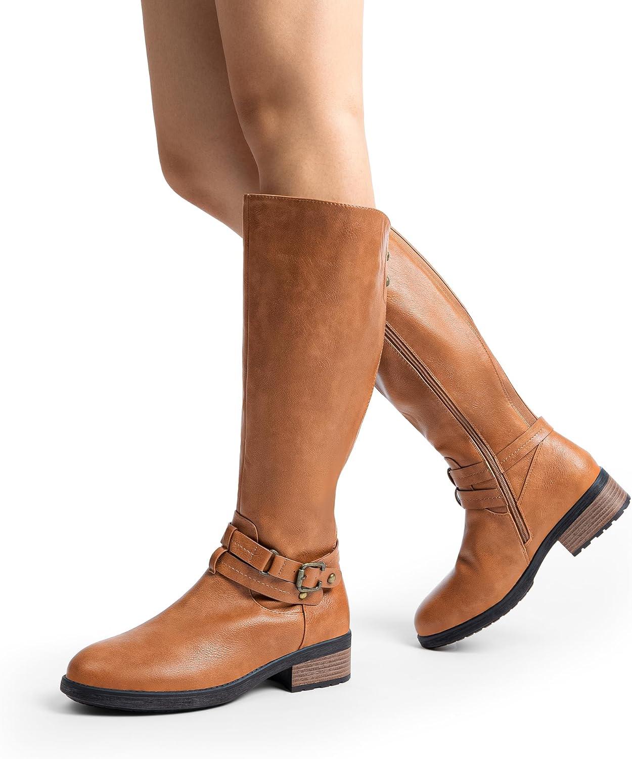 imageDREAM PAIRS Womens Knee High Boots Buckle Riding BootsCamelu