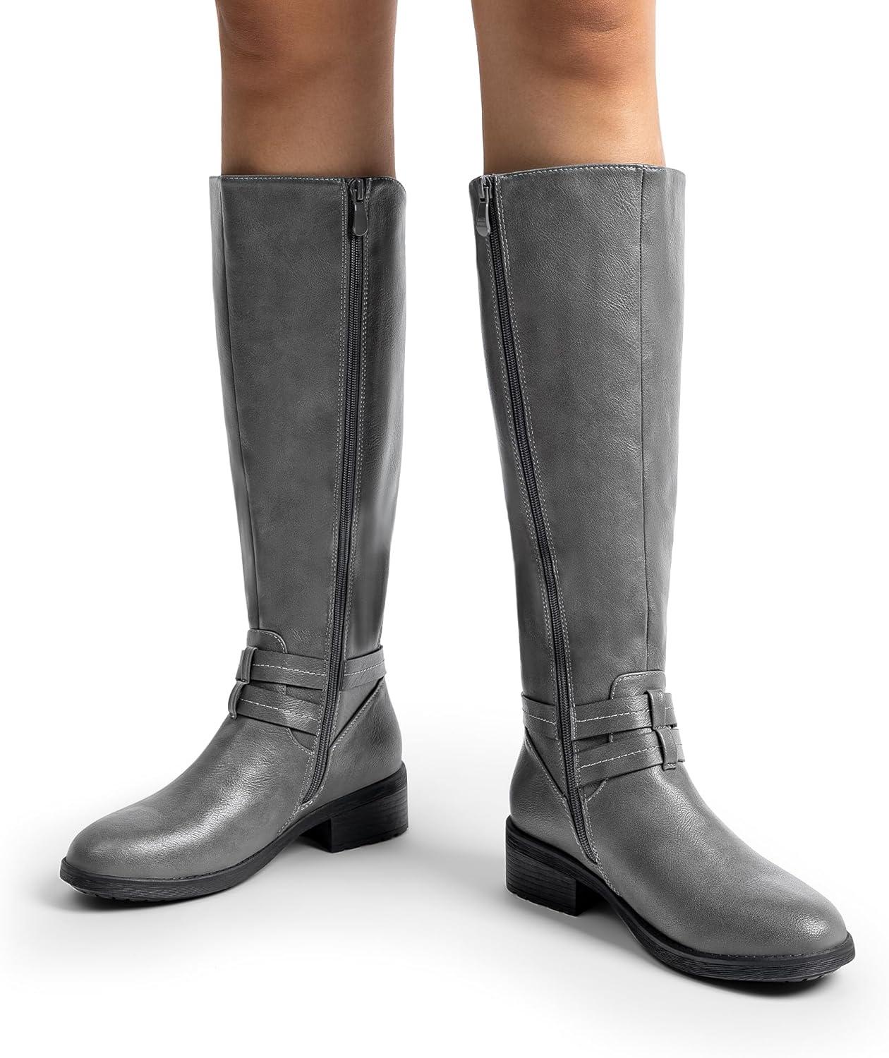 imageDREAM PAIRS Womens Knee High Boots Buckle Riding BootsGrey