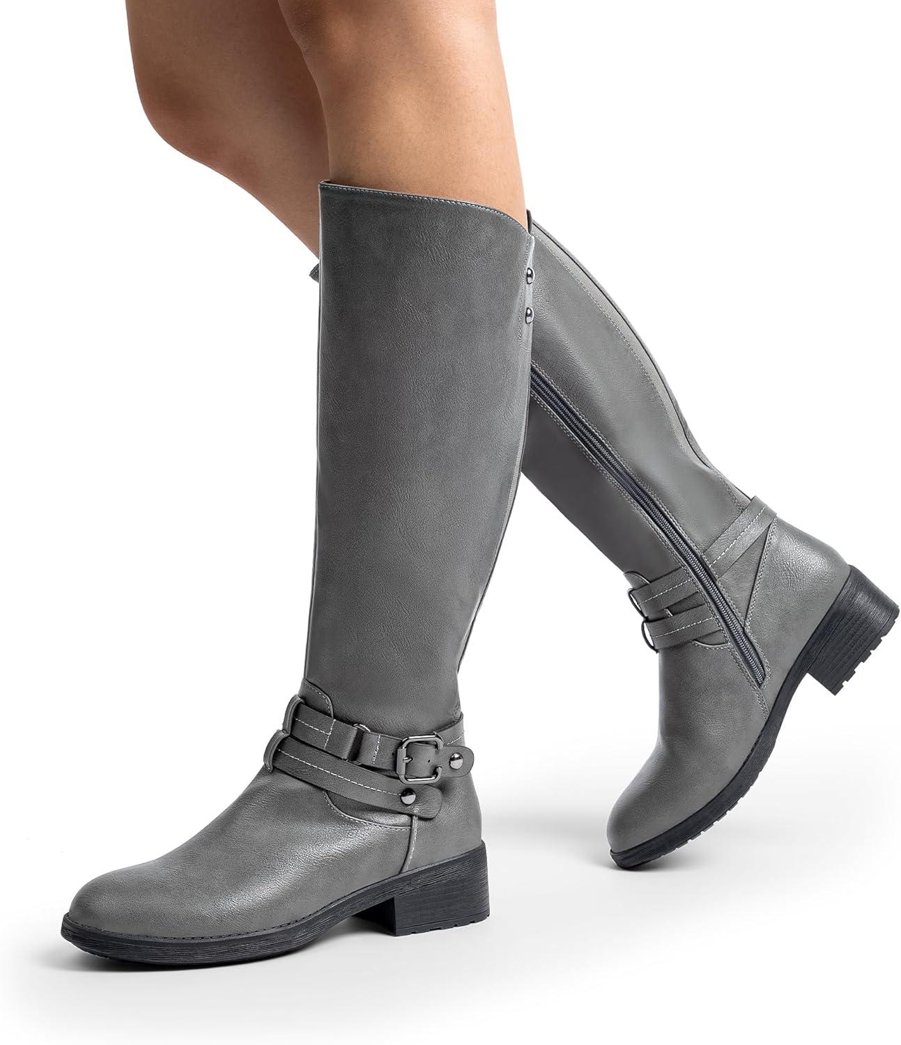 imageDREAM PAIRS Womens Knee High Boots Buckle Riding BootsGrey