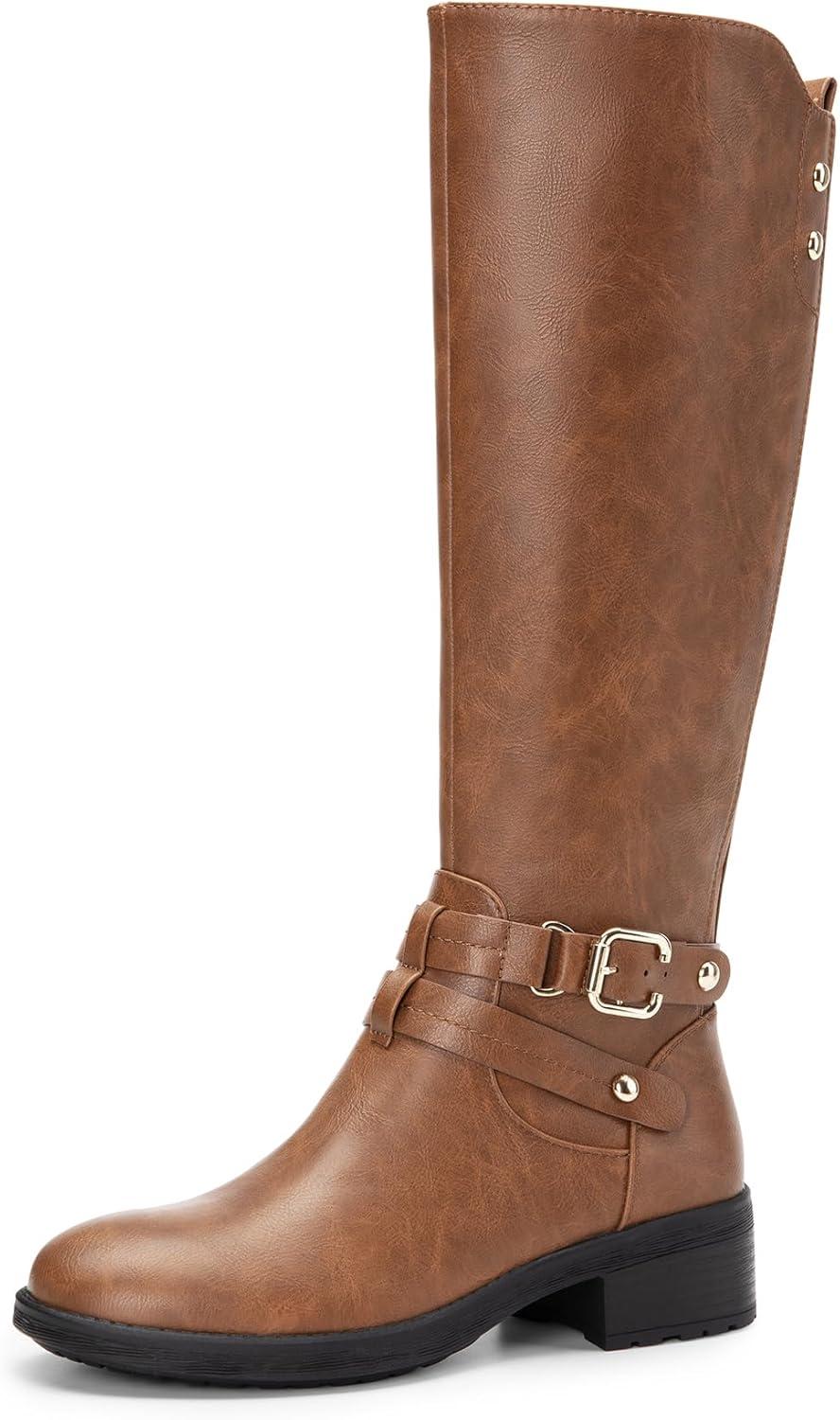 imageDREAM PAIRS Womens Knee High Boots Buckle Riding BootsLight Brown