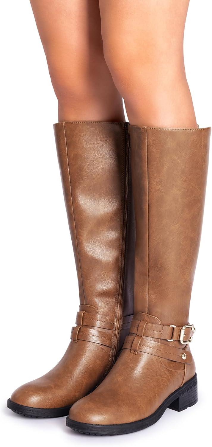 imageDREAM PAIRS Womens Knee High Boots Buckle Riding BootsLight Brown