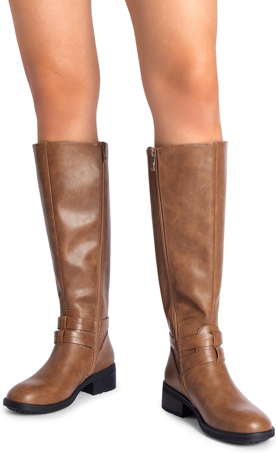 imageDREAM PAIRS Womens Knee High Boots Buckle Riding BootsLight Brown