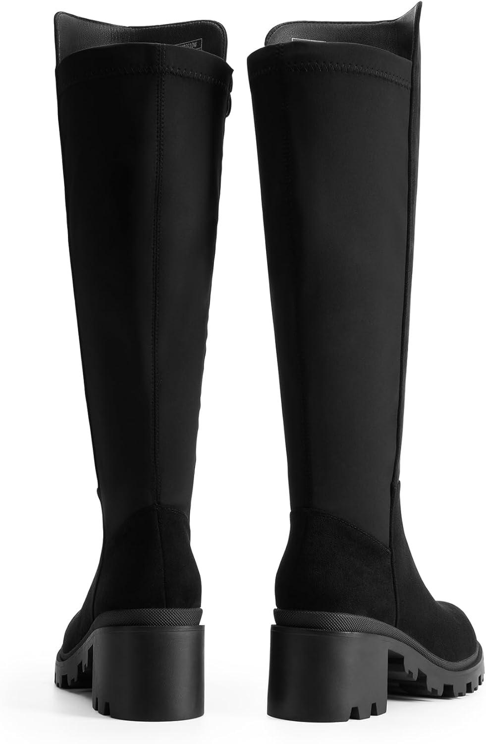 imageDREAM PAIRS Womens Knee High Boots Comfortable Platform Round Toe Stretch Boots for WomenBlacksuede