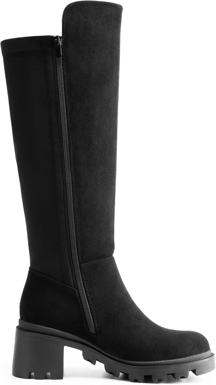 imageDREAM PAIRS Womens Knee High Boots Comfortable Platform Round Toe Stretch Boots for WomenBlacksuede