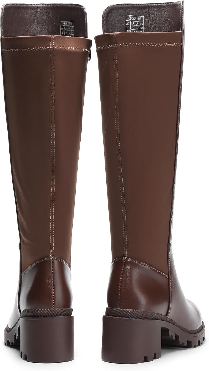 imageDREAM PAIRS Womens Knee High Boots Comfortable Platform Round Toe Stretch Boots for WomenLight Brown