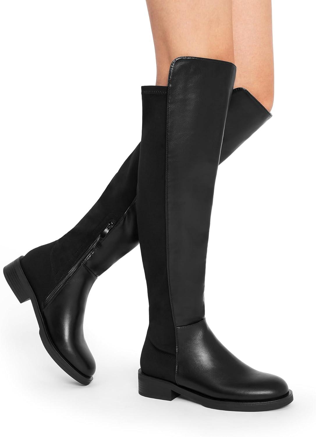 imageDREAM PAIRS Womens Knee High Boots Platform Chunky Heel Thigh High Fashion Over The Knee Boots SDOB2407WBlackpu
