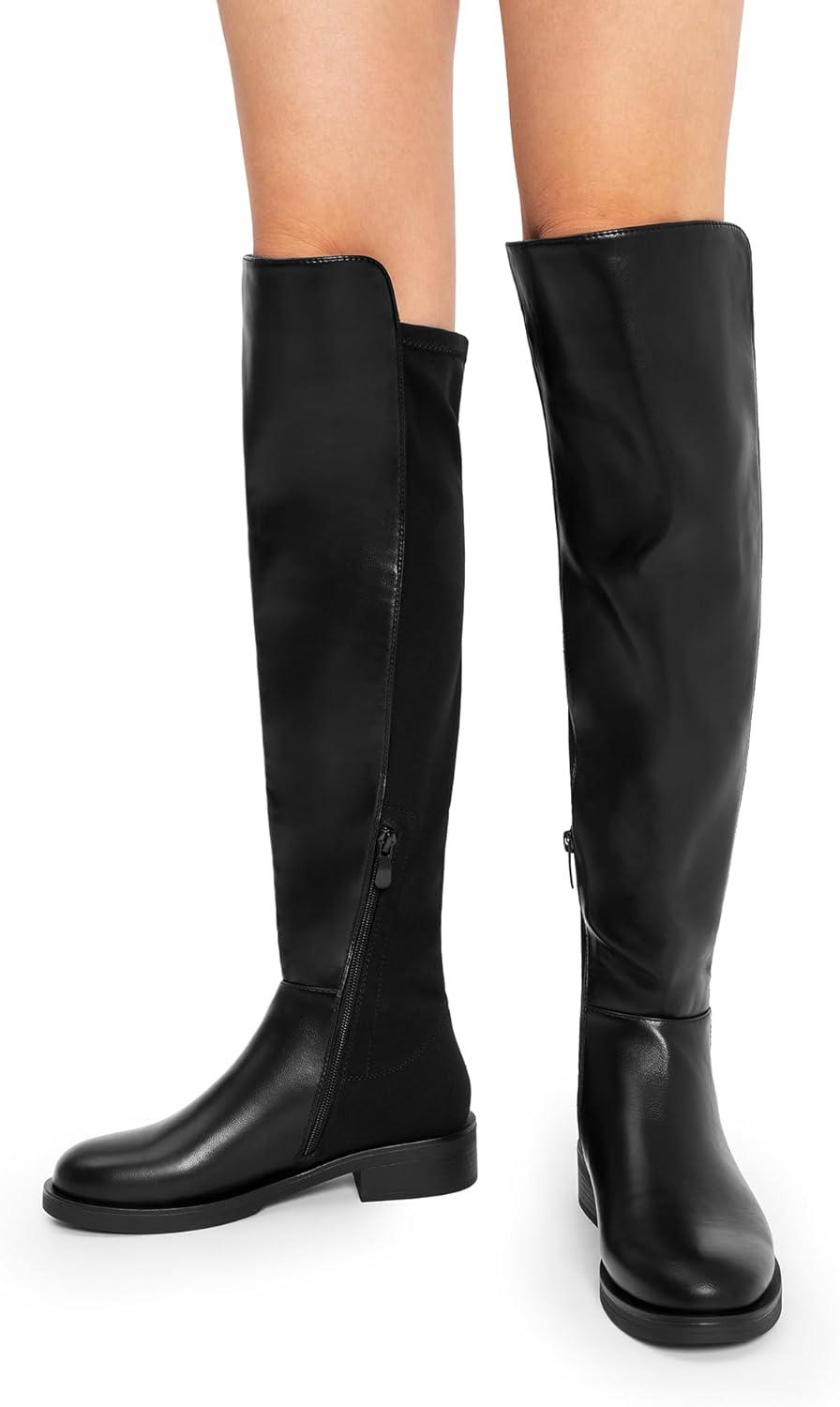 imageDREAM PAIRS Womens Knee High Boots Platform Chunky Heel Thigh High Fashion Over The Knee Boots SDOB2407WBlackpu