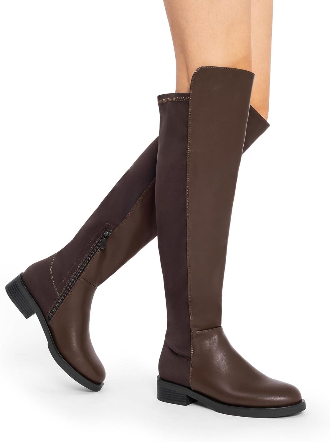 imageDREAM PAIRS Womens Knee High Boots Platform Chunky Heel Thigh High Fashion Over The Knee Boots SDOB2407WBrownpu