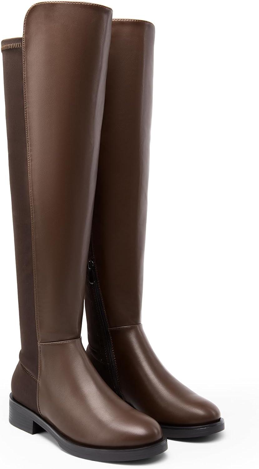 imageDREAM PAIRS Womens Knee High Boots Platform Chunky Heel Thigh High Fashion Over The Knee Boots SDOB2407WBrownpu