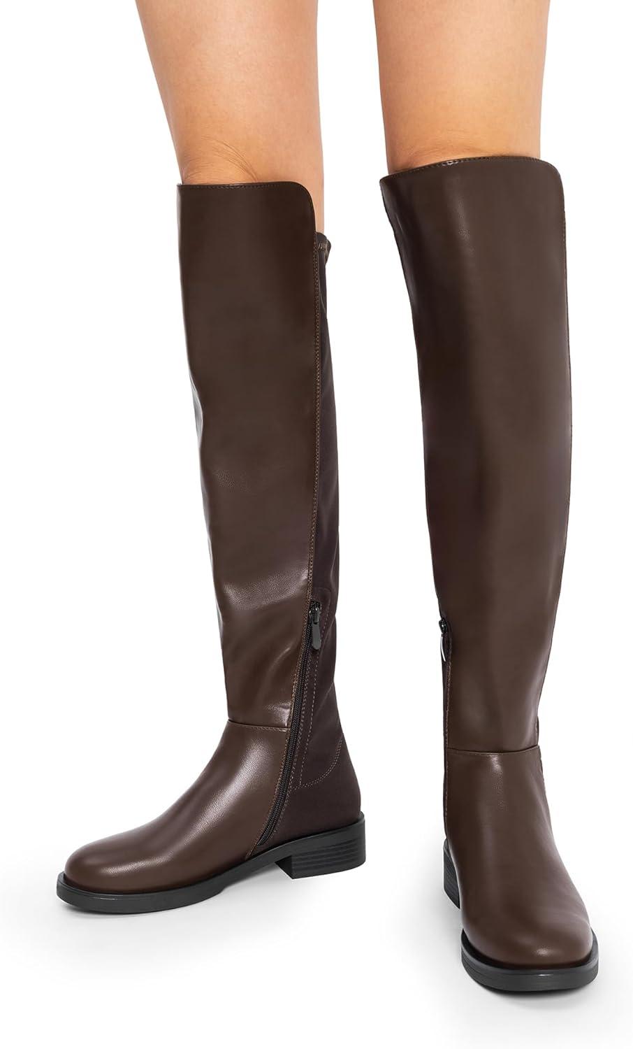 imageDREAM PAIRS Womens Knee High Boots Platform Chunky Heel Thigh High Fashion Over The Knee Boots SDOB2407WBrownpu