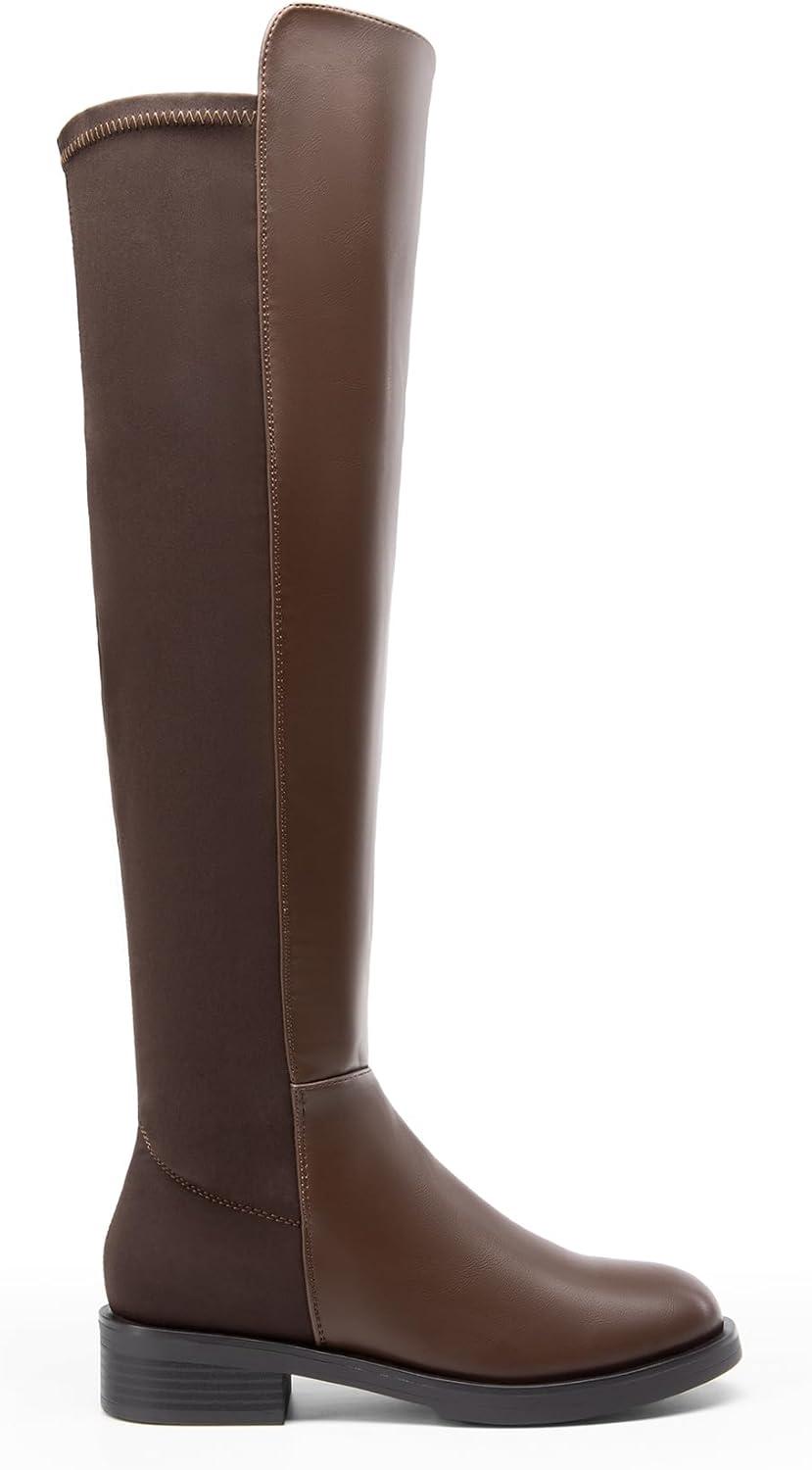 imageDREAM PAIRS Womens Knee High Boots Platform Chunky Heel Thigh High Fashion Over The Knee Boots SDOB2407WBrownpu