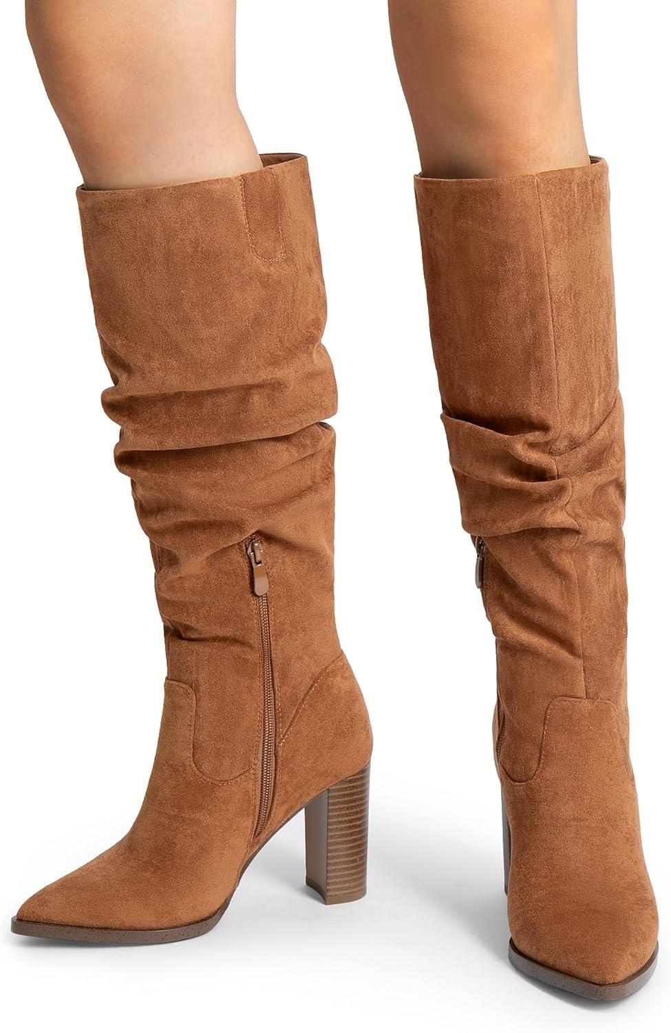 imageDREAM PAIRS Womens Knee High Boots Pointed Toe Chunky Block Heel Suede Boots Comfortable for Women with Side Zipper Fashion Slouchy Tall BootsCamel