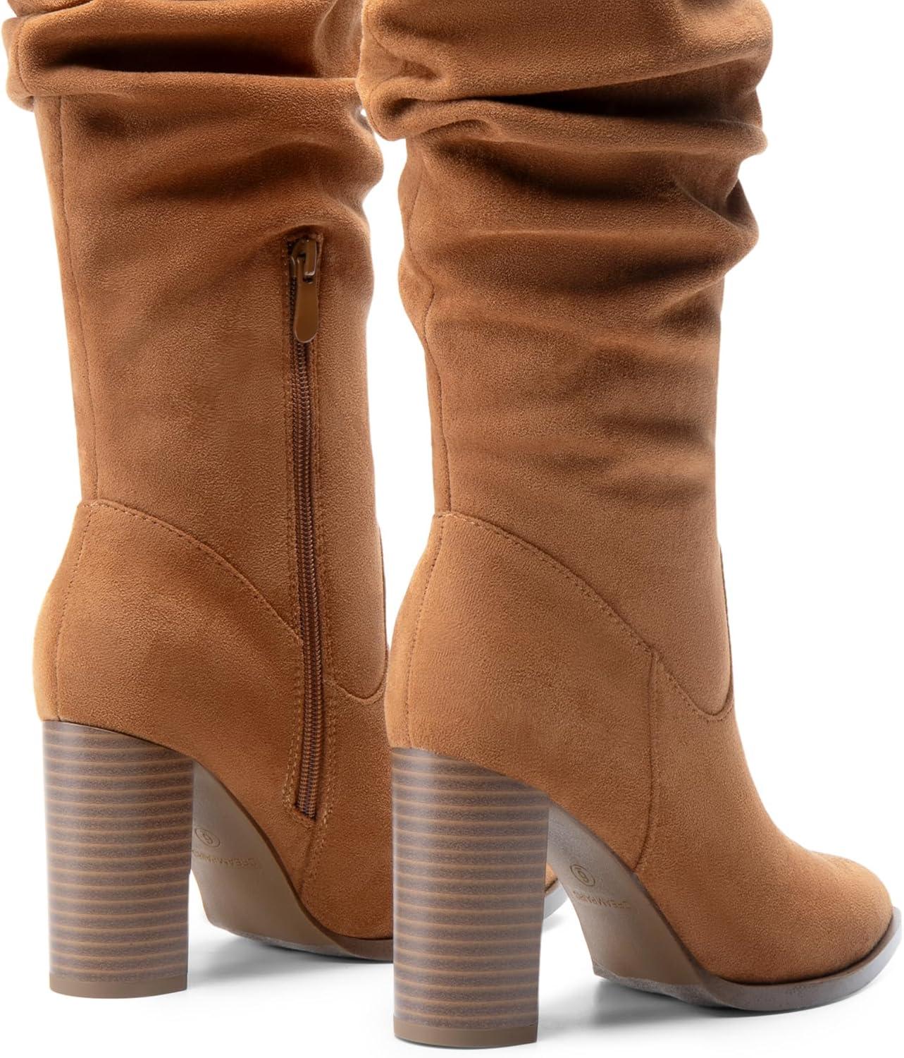 imageDREAM PAIRS Womens Knee High Boots Pointed Toe Chunky Block Heel Suede Boots Comfortable for Women with Side Zipper Fashion Slouchy Tall BootsCamel
