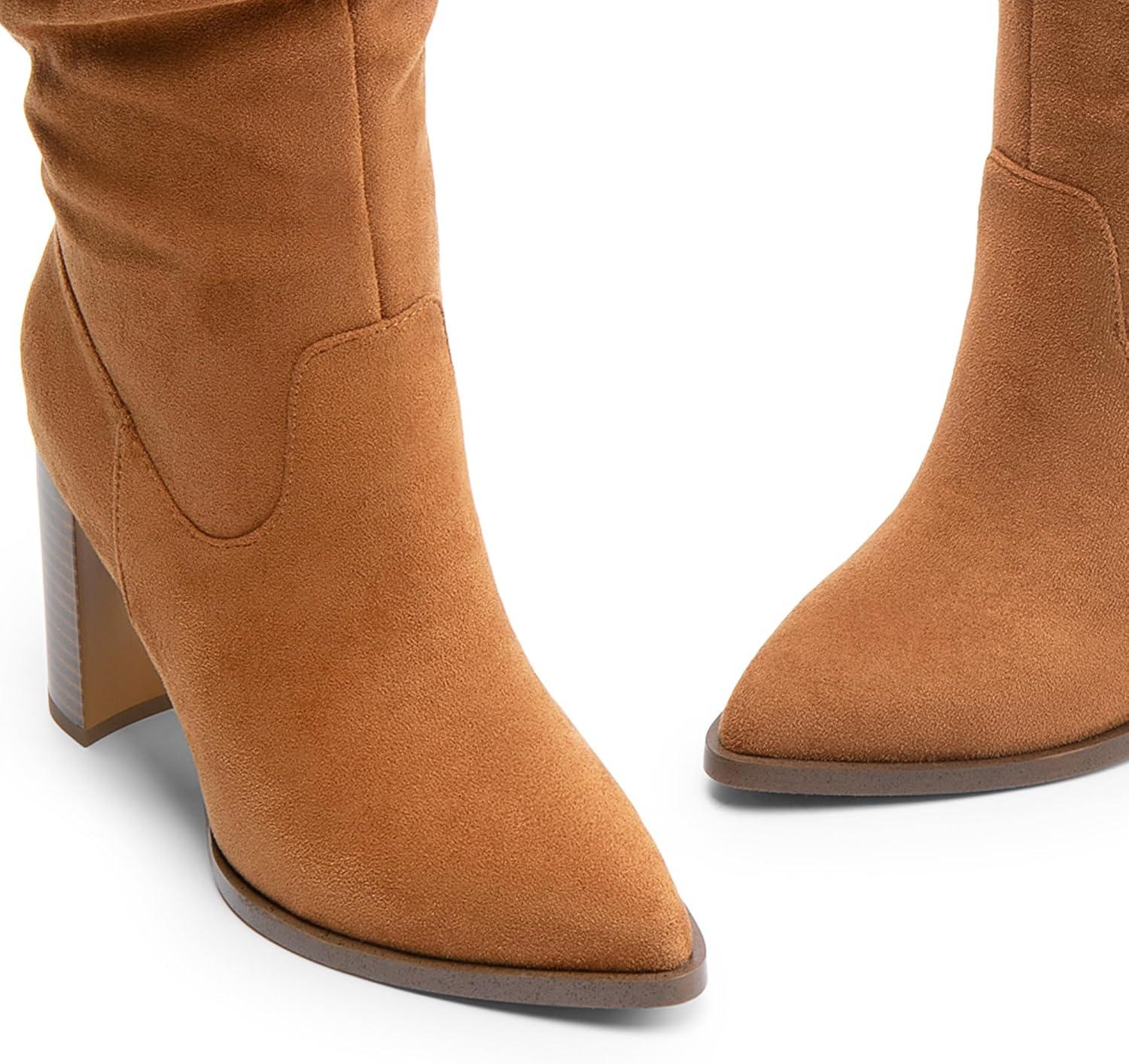 imageDREAM PAIRS Womens Knee High Boots Pointed Toe Chunky Block Heel Suede Boots Comfortable for Women with Side Zipper Fashion Slouchy Tall BootsCamel