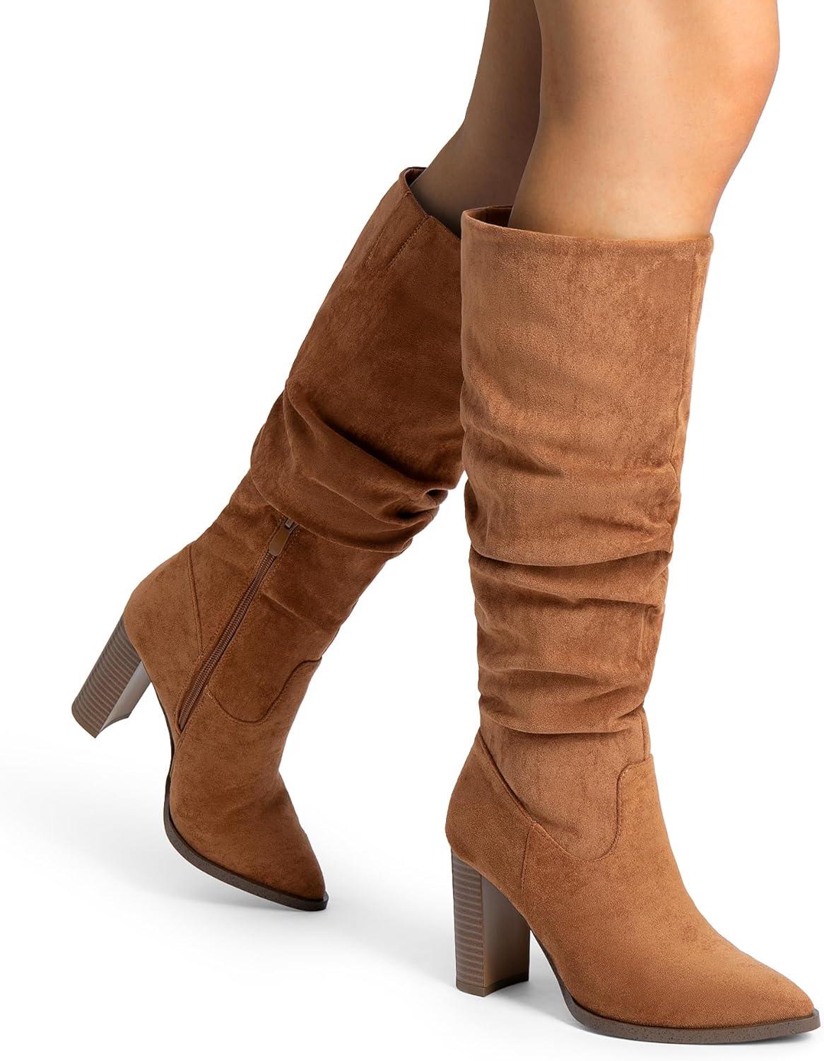 imageDREAM PAIRS Womens Knee High Boots Pointed Toe Chunky Block Heel Suede Boots Comfortable for Women with Side Zipper Fashion Slouchy Tall BootsCamel