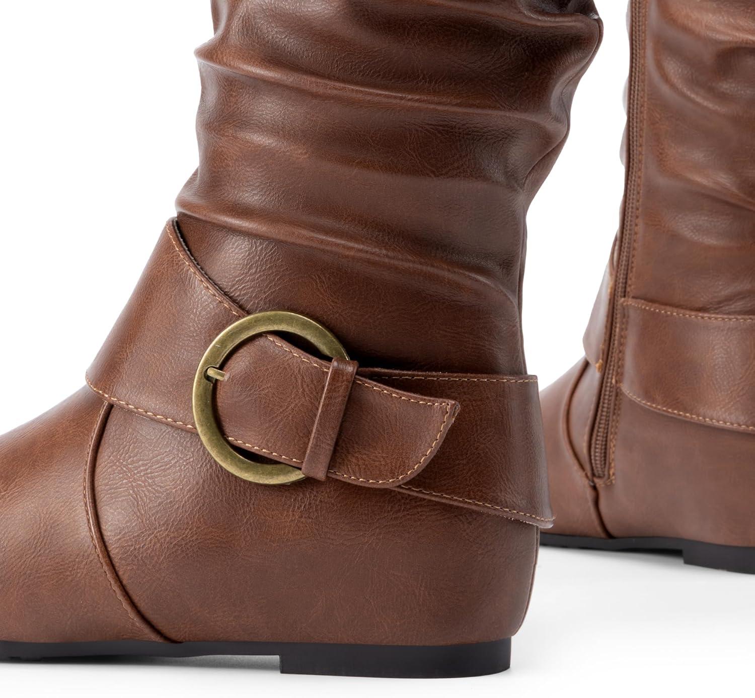 imageDREAM PAIRS Womens Knee High Low Hidden Wedge Boots Suede Faux Fur Lining Side Zipper Knee High Buckle BootsLight Brown