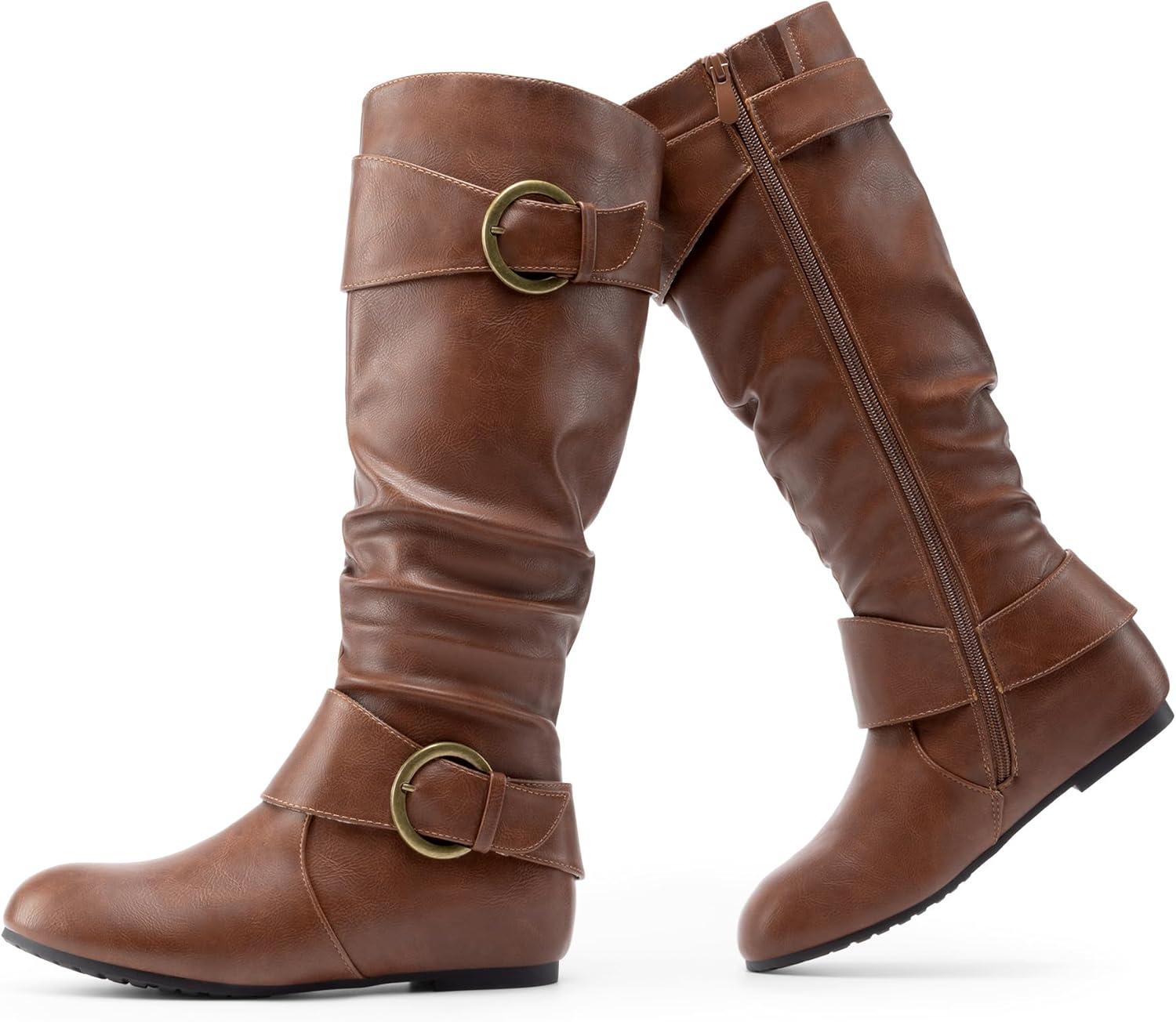 imageDREAM PAIRS Womens Knee High Low Hidden Wedge Boots Suede Faux Fur Lining Side Zipper Knee High Buckle BootsLight Brown