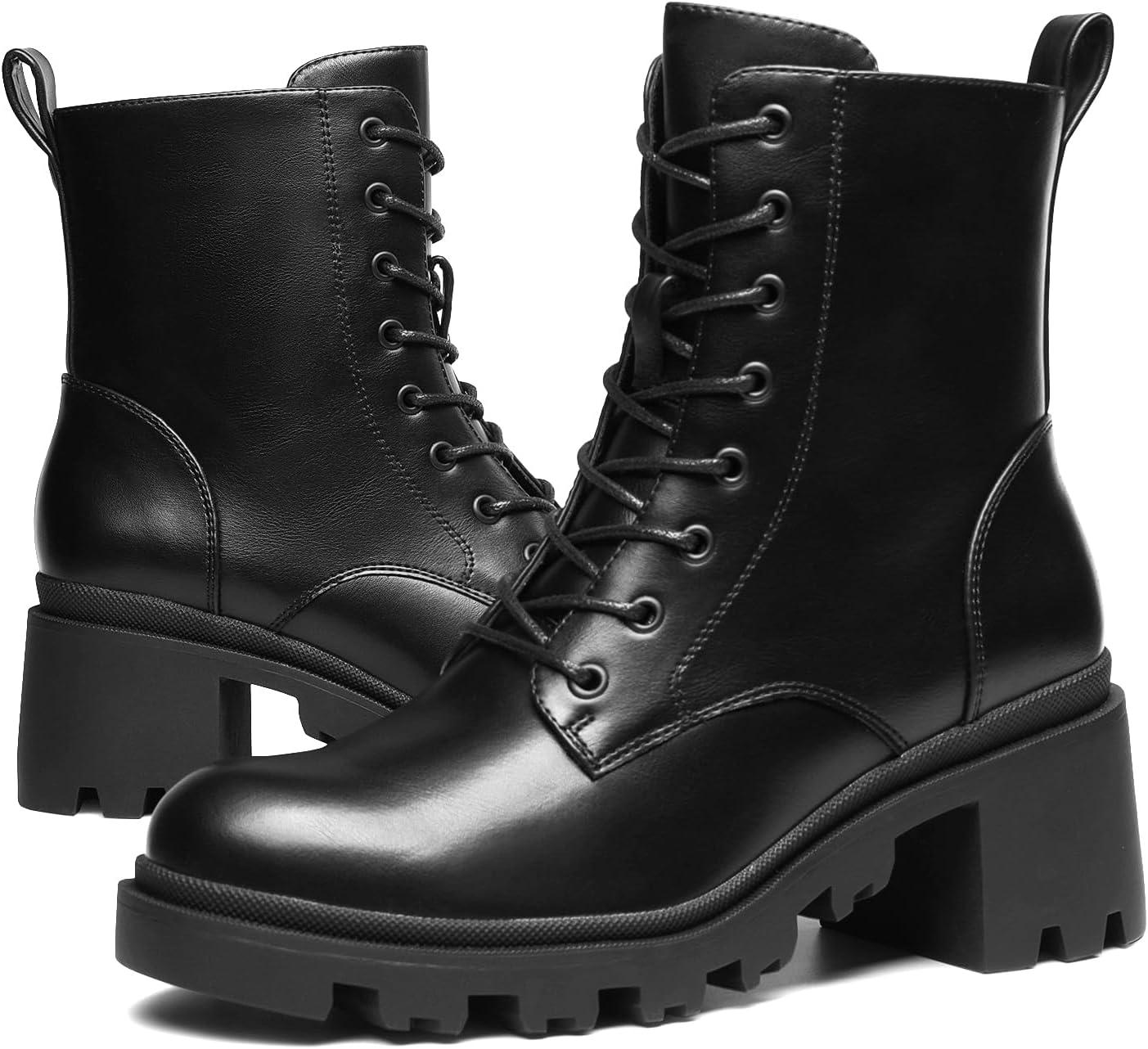 imageDREAM PAIRS Womens Lace Up Combat Ankle Boots Fashion Low Chunky Heel Lug Sole Fall Heeled Booties ShoesBlack