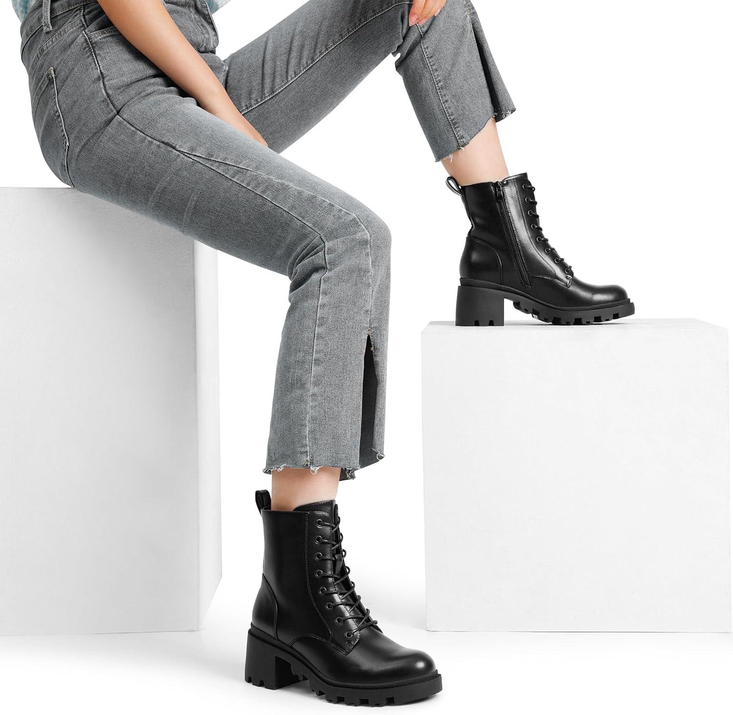 imageDREAM PAIRS Womens Lace Up Combat Ankle Boots Fashion Low Chunky Heel Lug Sole Fall Heeled Booties ShoesBlack