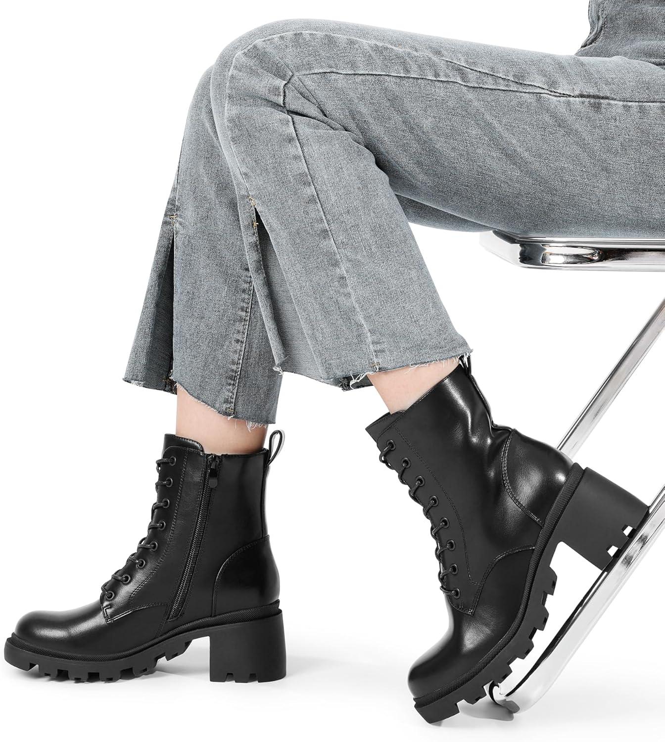 imageDREAM PAIRS Womens Lace Up Combat Ankle Boots Fashion Low Chunky Heel Lug Sole Fall Heeled Booties ShoesBlack