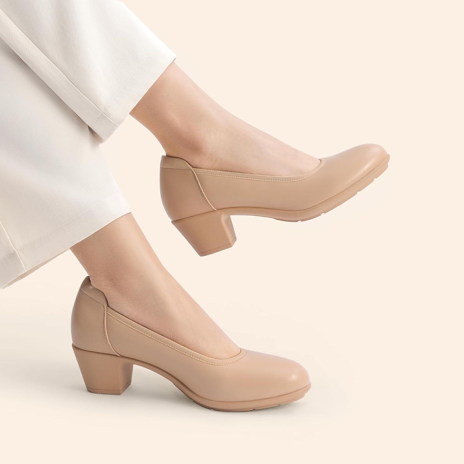 imageDREAM PAIRS Womens Low Chunky Heels Comfortable Block Work Pumps Closed Round Toe Dress Shoes for Office BusinessNude