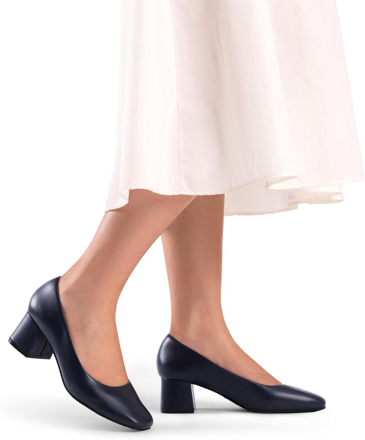 imageDREAM PAIRS Womens Low Chunky Heels Square Toe Pumps Comfortable Slip On Dress Shoes Wedding Party Office ShoesNavypu